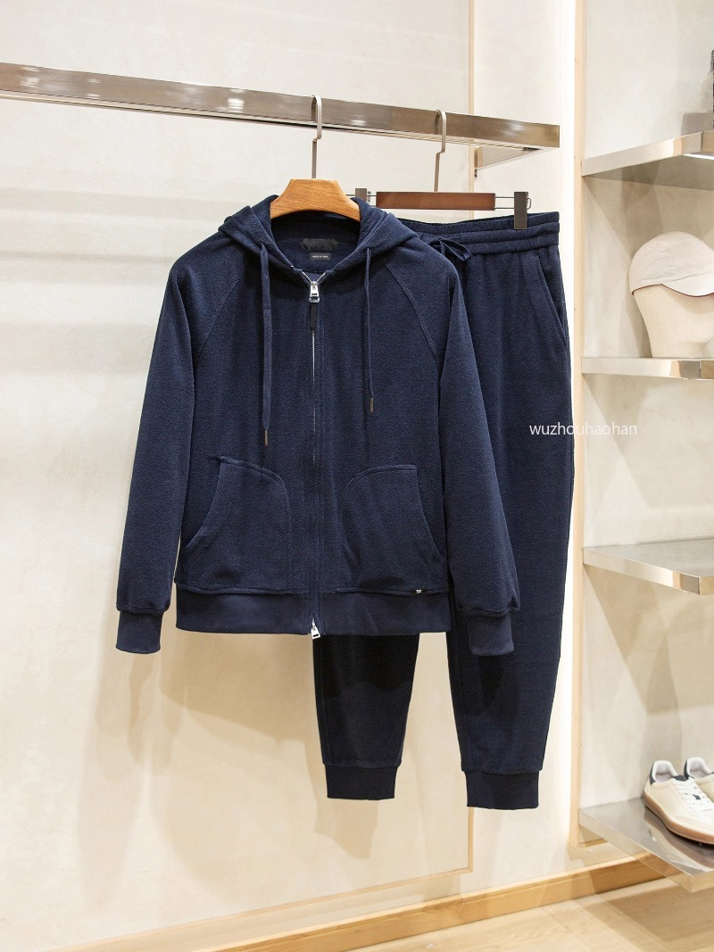 Designer Men Two Piece Sets Spring Thin Towel Velvet Fabric Sports and Leisure Hooded Cardigan Sweater Coat Pants Suits TF1289