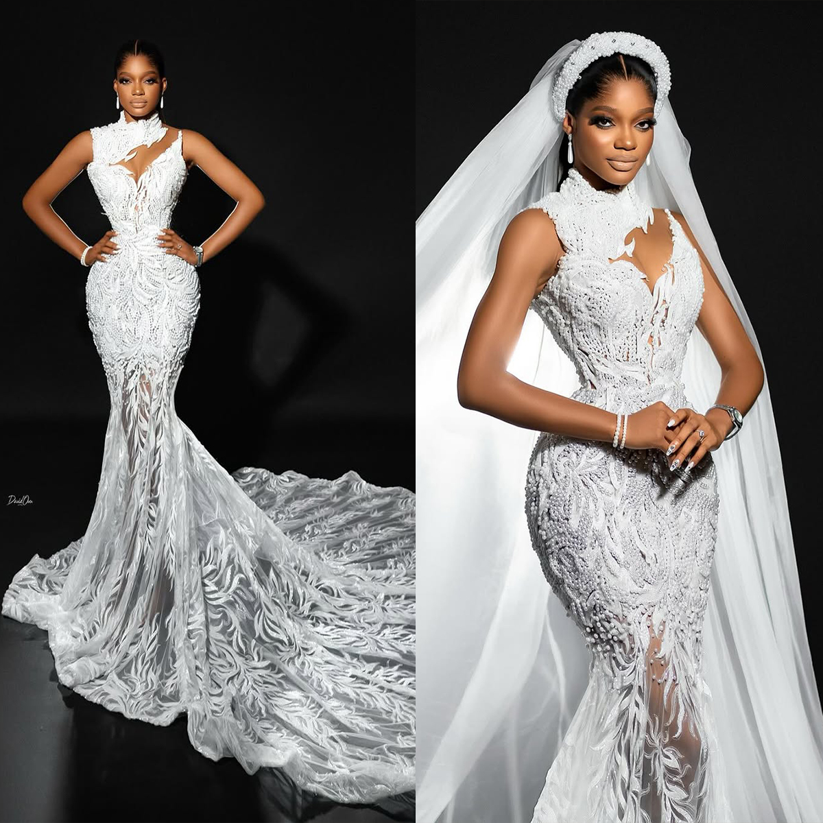 Classic Wedding Dresses High Neck Pearls Bridal Gowns Applique Sleeveless Sweep Train Lace Mermaid Customized Vestidos De Novia Plus Size