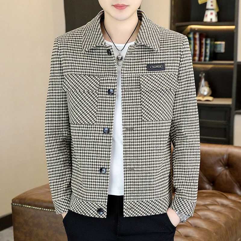 Mens Fashion Thin Jacket 2025 Spring Autumn Lapel Thousand Bird Lattice Design Handsome Trendy Clothing XJ250801