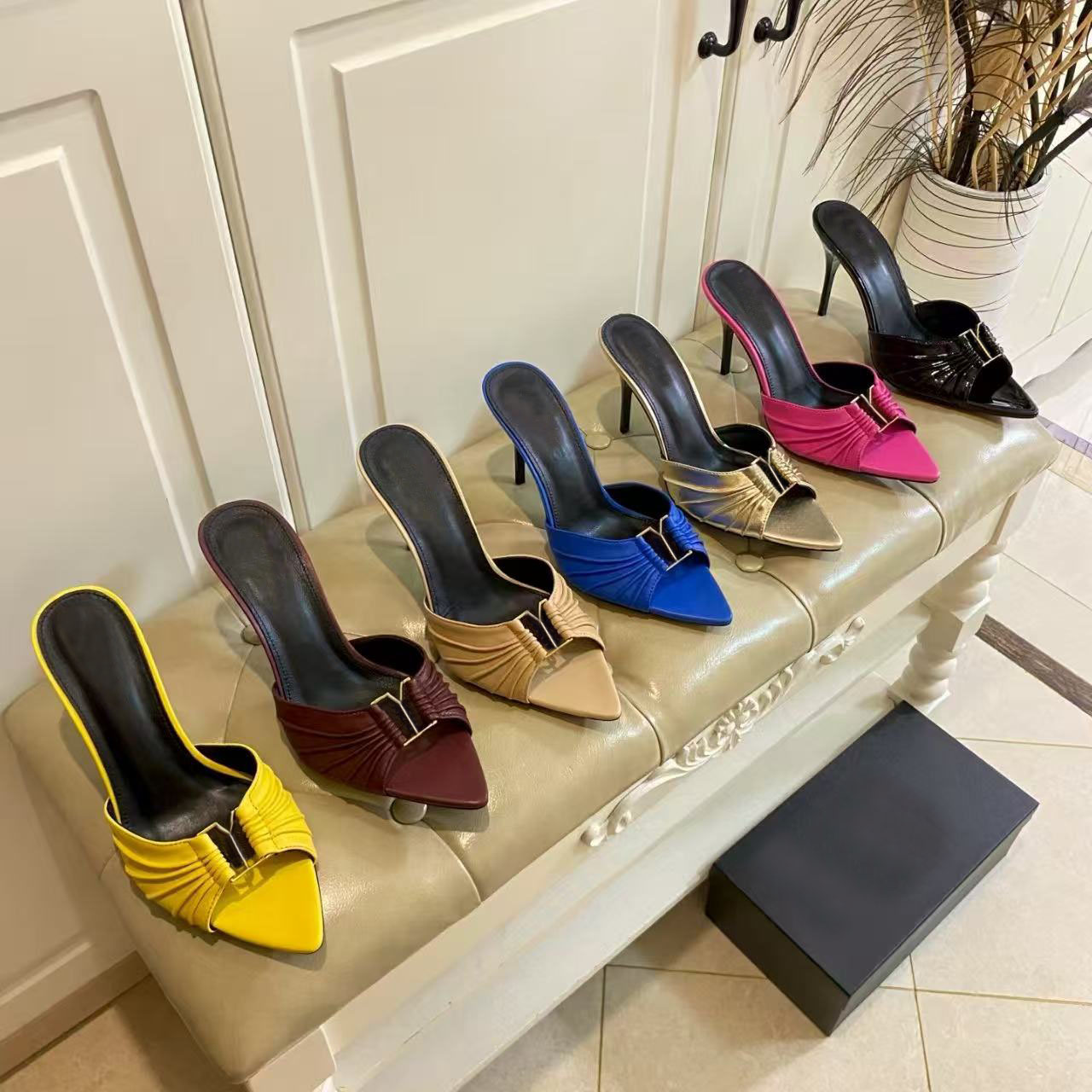 womens slipper heels designer shoes Half slippers pointed heel shoes Designer Shoes leather woman shoe beach Lazy Sandals Stiletto heels new Larg