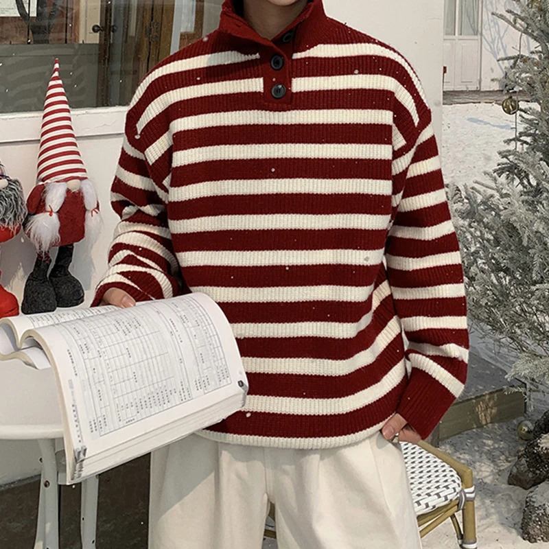 Vintage Buttoned Turtleneck Knit Tops Mens Sweaters Fall Winter Casual Long Sleeve Knitted Jumpers Men Fashion Striped Sweater 250731