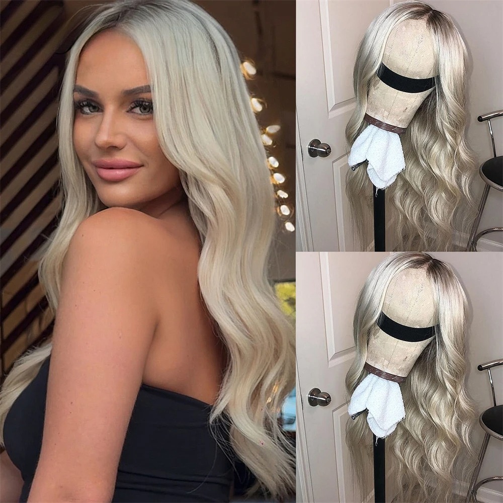 180% Density Pale Platinum Blonde Roots Body Wave Human Hair Wigs Ash Blonde Synthetic HD Transparent Pre Plucked Ready Go Lace Front Wig