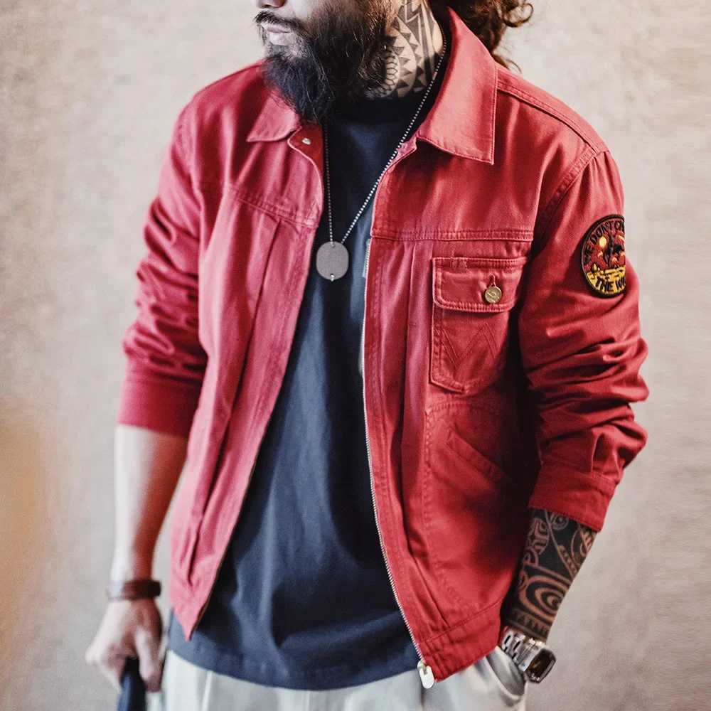 12MJZ New Vintage Embroidered Jacket Heavy-Duty Letter Red Slim-Fit Canvas Lapel Coat Mens Spring Zip-Up Casual Outerwear XJ250801