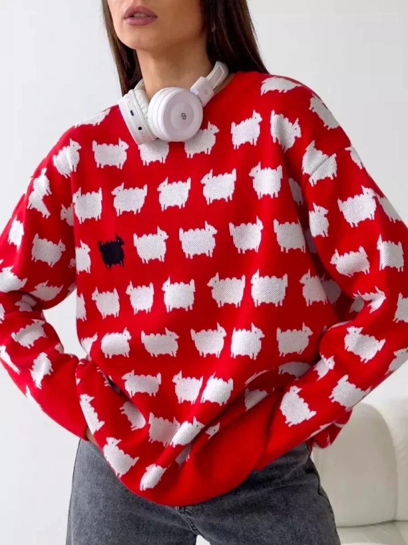 Women's Sweaters Trendy Fashion Winter Oversized Long Sweater Cartoon Print Loose O Neck Sleeve Pullover