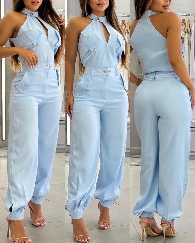 Women's Two Piece Pants Set Women Outfit 2025 Summer Sleeveless High Neck Cargo Pockets Design Top & Casual Waist Cuffed Long