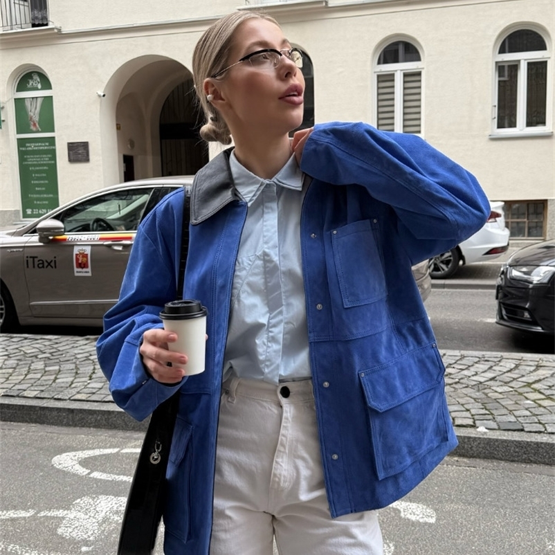 Contrast Color Womens Suede Jacket Single Breasted Zipper Lapel Pockets Long Sleeve Coats Spring Street Outerwear 250724