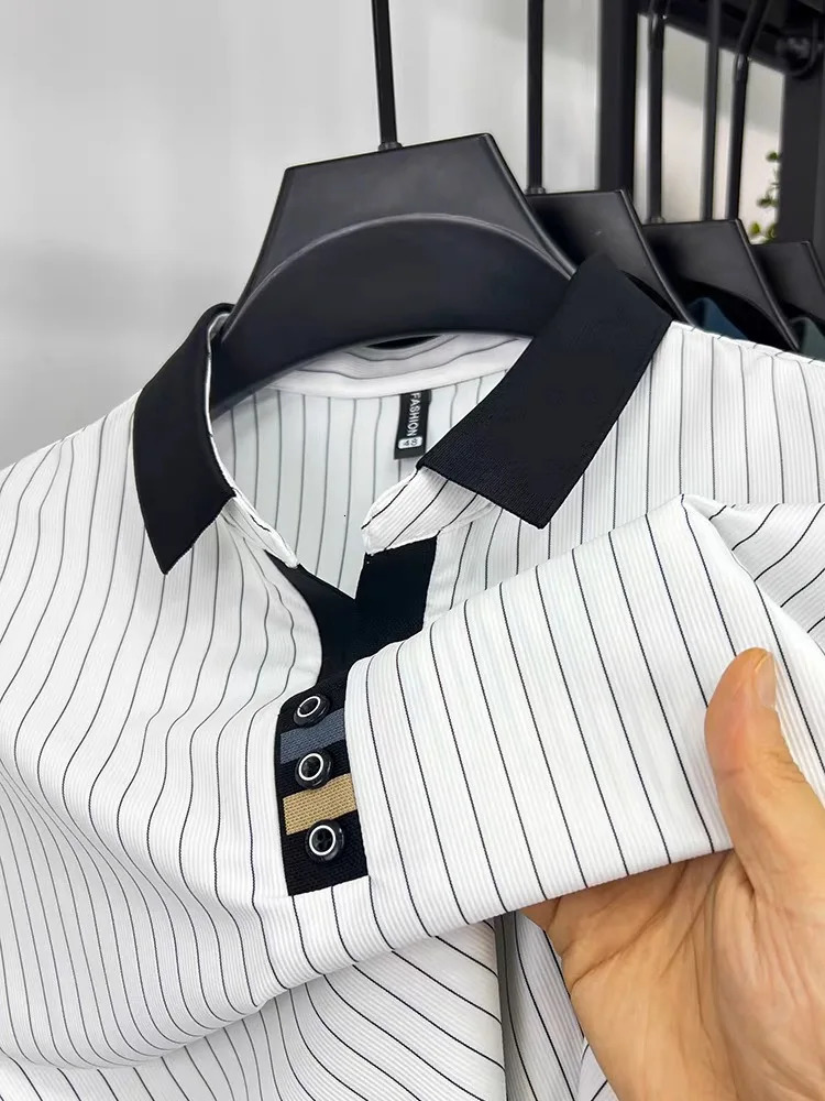 striped n mens short sleeve fashionable polo shirt 2024 summer cool and breathable casual lapel golf Tshirt 250724