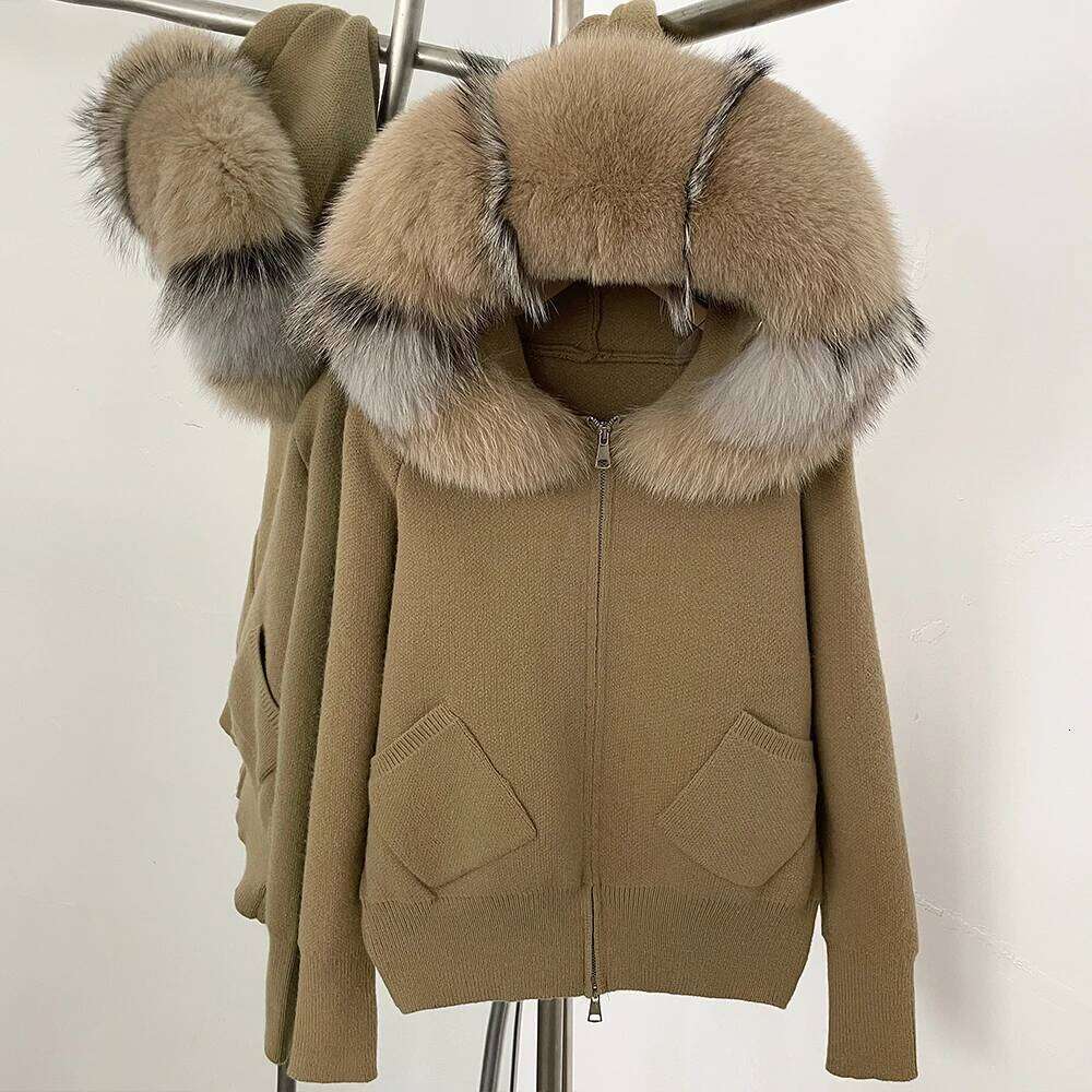 Autumn Winter Clothes Female Hooded Big Real Fox Collar Fashion Short Knitted Jacket Natural Fur Coat Women