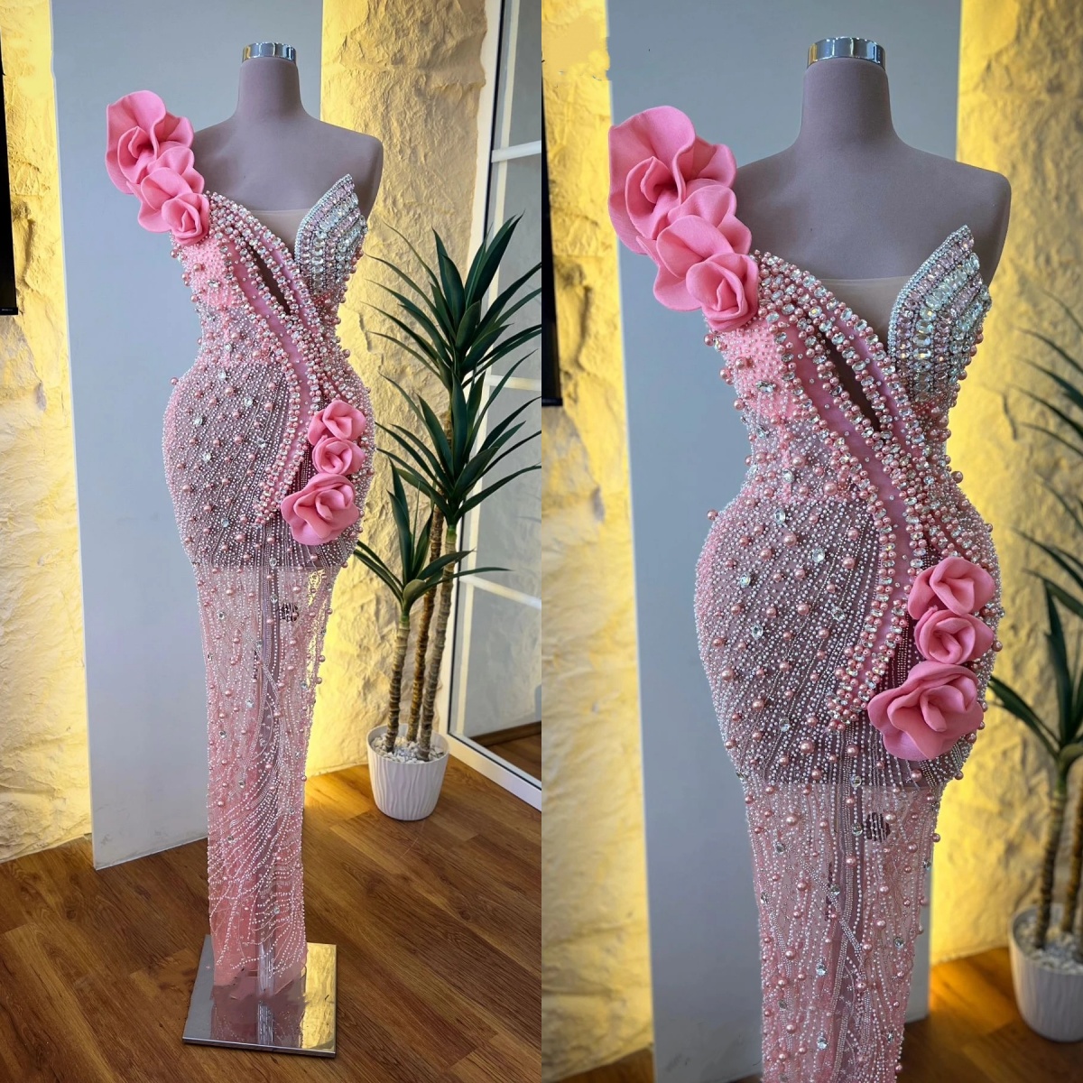 Sexy Evening Dresses Pearls Rhinestone Beading Prom Dress 3D Ruffle Flower Sleeveless See Through Mermaid Party Gowns Vestidos De Noche Plus Size