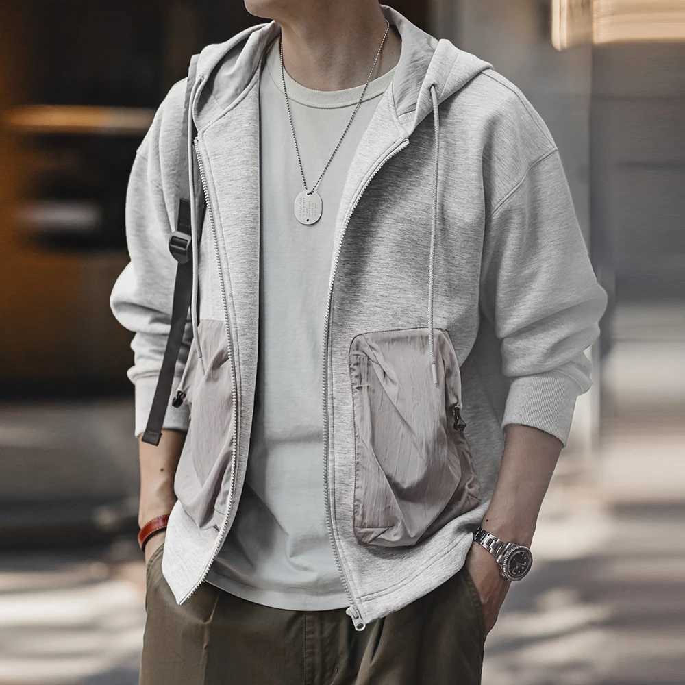 Mens Casual Patchwork Pocket Hooded Zip-up Sweatshirt Jacket Gray Versatile Outerwear for Mens Autumn and Winter Sports Coat XJ250801