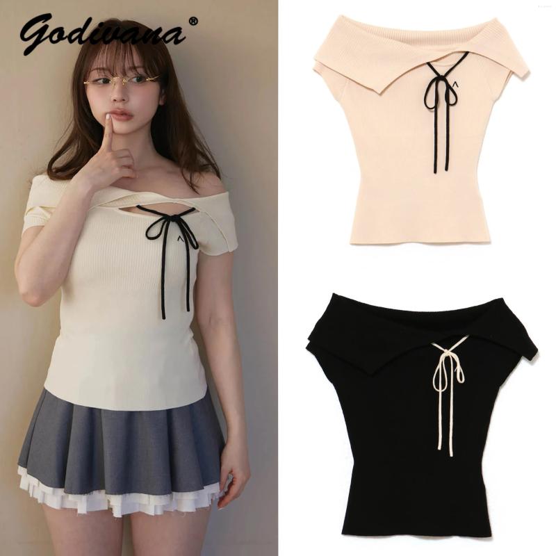 Women's Sweaters 2025 Summer Japanese Students Girls Cross Off Shoulder Knitted Shirt Solid Color Short Sleeve Casual Tops