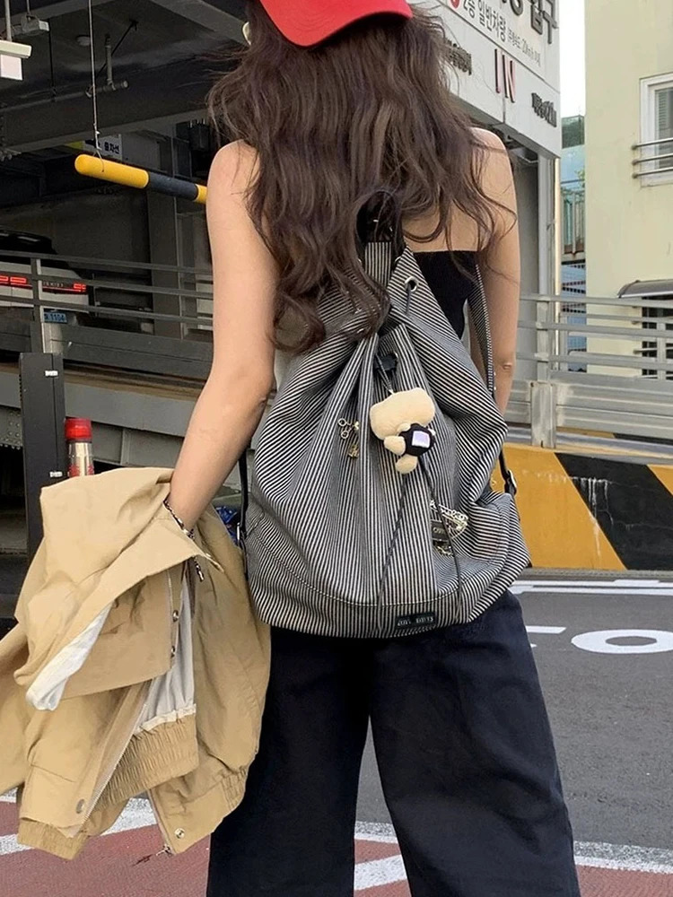 Striped Canvas Backpack Large Capacity Student Fashion Leisure Backpack Womens Daily Backpack 250723