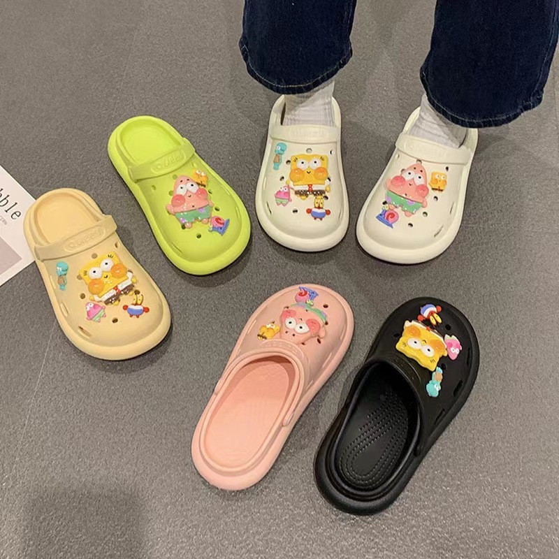 Women's Japan-Korean Style Outdoor Slippers, Soft Leather-Style Novelty Cartoon Print Beach Sandals with Beading, PVC Upper, Canvas Lining, Thick So