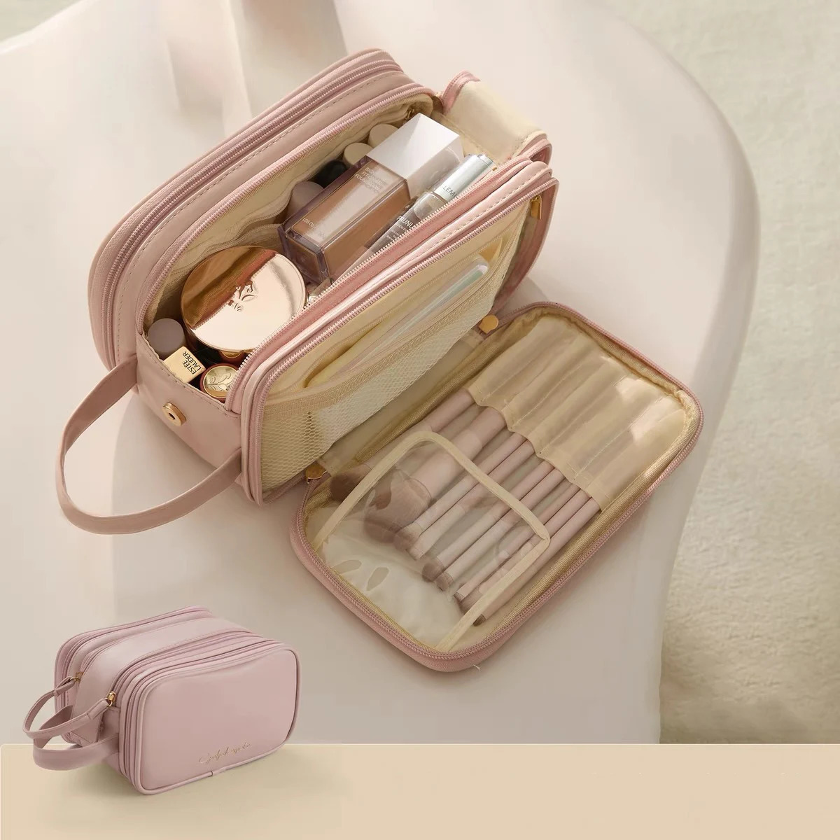Makeup Bag PU Leather Cosmetic Bag for WomenLarge Organizer Cosmetic Bags with Divider Water-resistant Toiletry Bag for Travel 250731