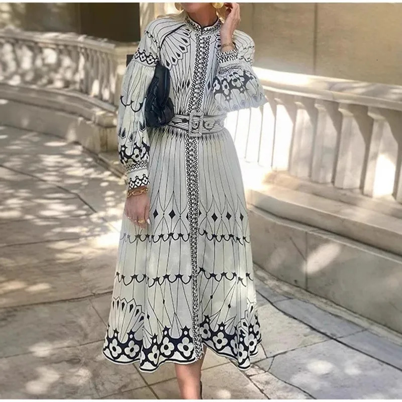 2025 Spring Women Vintage Long Dress Print Sashes Lantern Long sleeve Dresses Female Summer Elegant Fashion Office Lady Clothes 250728