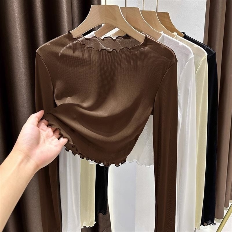 1pcs Spring Autumn Sexy Women T-Shirt See Through Transparent Mesh Lace Tops Long Sleeve Sheer Slim Ladies Round-Neck T-Shirt 250725CJ