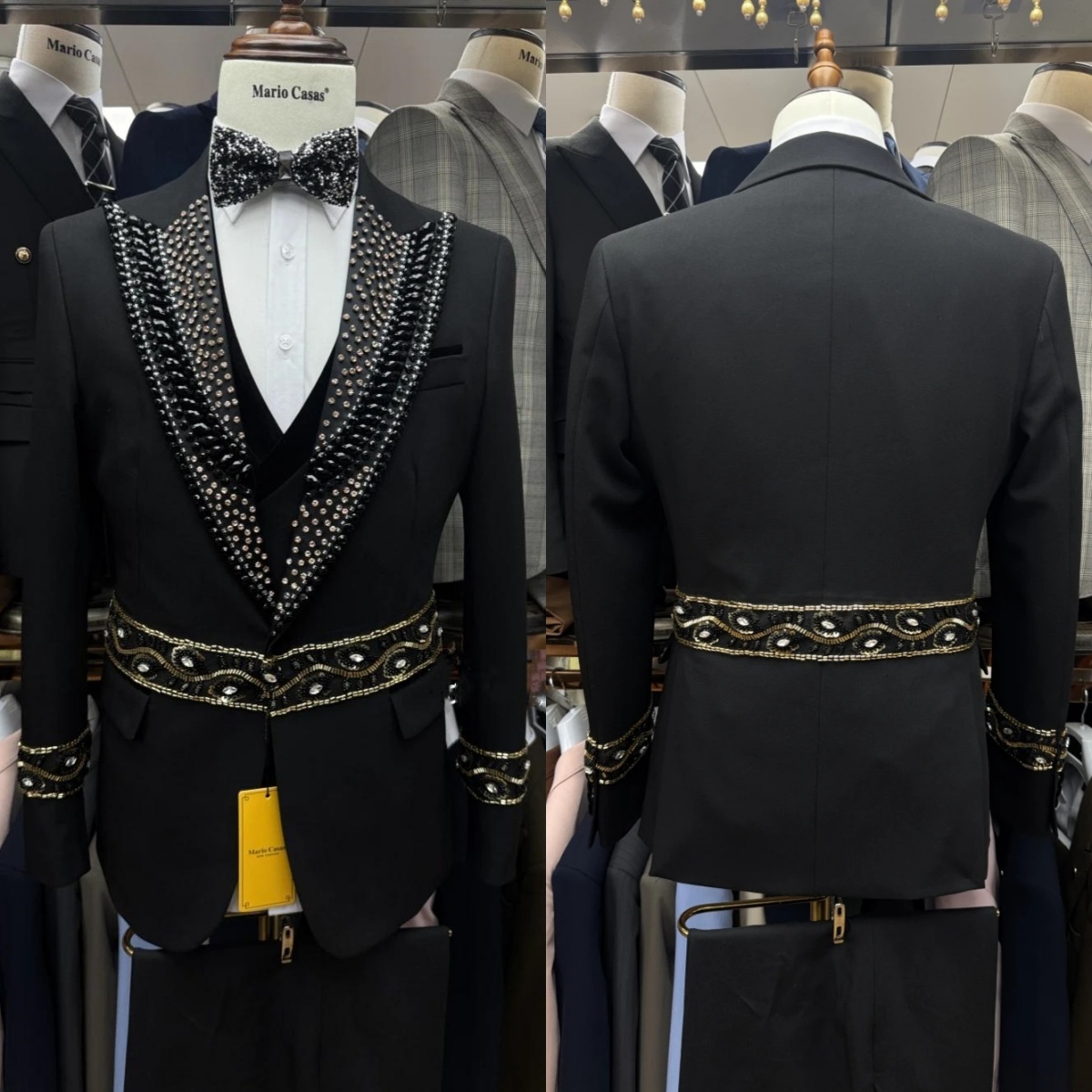 Luxury Men Suits Tailor-Made 3 Pieces Peaked Lapel Jacket Beading Rhinestone Blazer One Button Groom Customized Coat Vest Pants Plus Size