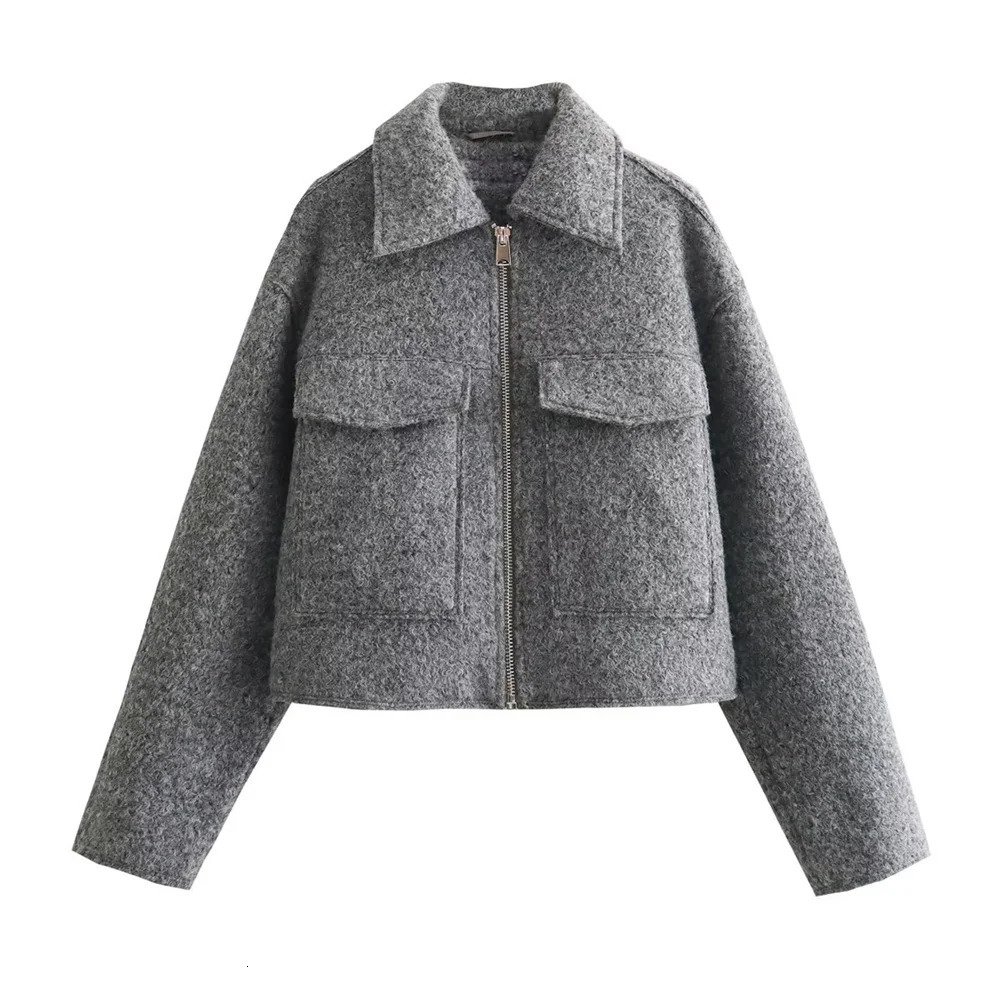 UNIZERA Autumn and Winter Womens Polo Collar Long Sleeve Patch Pocket Decoration Short Zipper Jacket Woolen Coat 250731