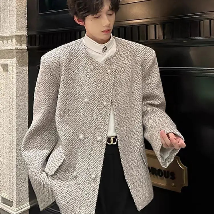 Spring Autumn Collarless Shoulder Pad Suit Double-row Jacket Streetwear Versatile Short Handsome High-end Elegant Woolen Jacket 250725