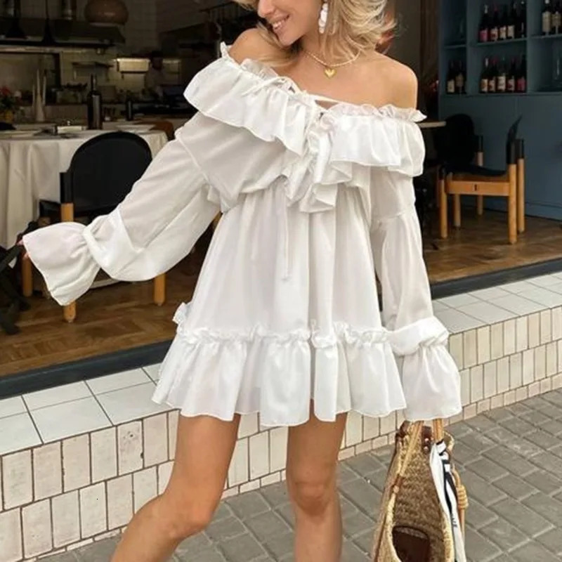 Talenza White Ruffle Dress Fashion V Neck Ruffle Long Sleeve Solid Lace-up Dress Elegant Casual High Waist Women Dresses 250728