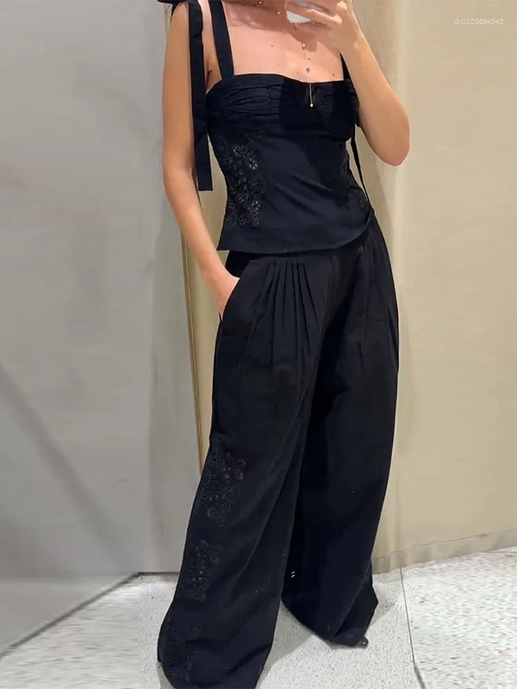 Women's Two Piece Pants Hollow Women Suit Set O-neck Lace Up Sleeveless Tank Top Wide Leg Female Summer Lady Outfit