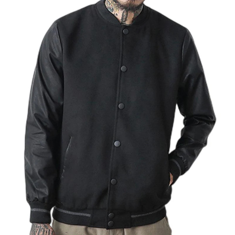 Japan Style Men PU Leather Patchwork Black Baseball Jacket Spring Autumn Stand Collar Mens Casual Varsity Woolen Coat 250725