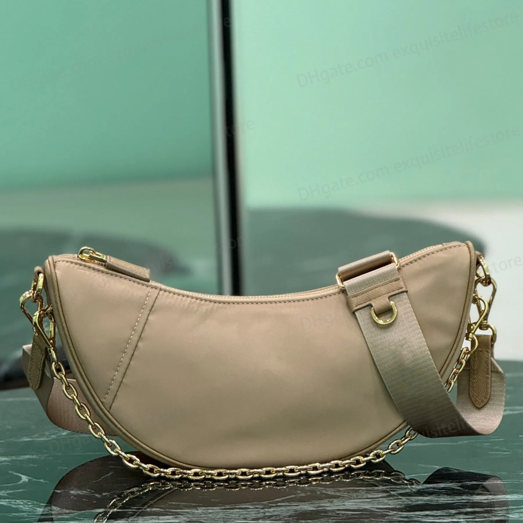 New 2025 Demi Lune Nylon Shoulder Bag Luxury Designer Golden Hardware Zipper Closure Crossbody Bag Detachable Strap Handbag Women Casual Shopping Pu