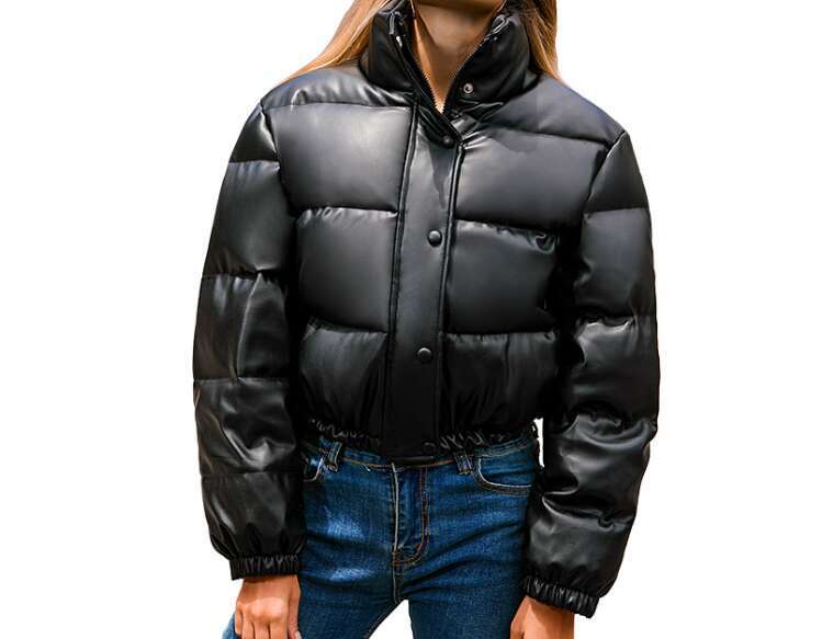 Designer Clothing 2025 Winter Thick Warm Cropped Puffer Jacket Women Black PU Leather Parkas Elegant Zipper Coat Cotton Padded Punk Outwear