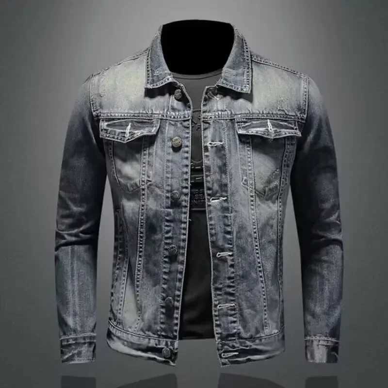 Mens Denim Jacket American Style Vintage Wash Distressed Casual Slim Fit Smooths Your Silhouette Long Sleeve Denim Blazer Trend XJ250801