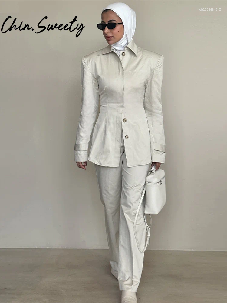 Women's Two Piece Pants Elegant Solid Shirt Women Outfit Long Sleeve Lapel Button Girdling Top Straight Trousers 2025 Summer Autumn Lady Set