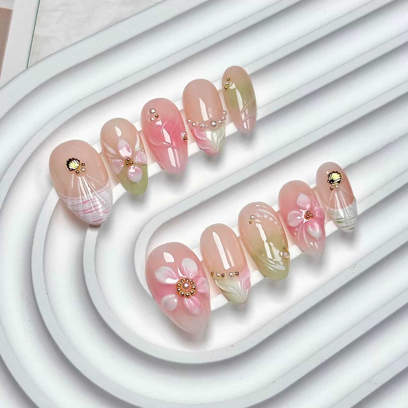 10pcs French Almond Handmade Press on Nails Flower Pattern Fake Nails Summer False Nail Artificial Nail False Nails Uas Nail Tips Z250801-image-1069367278