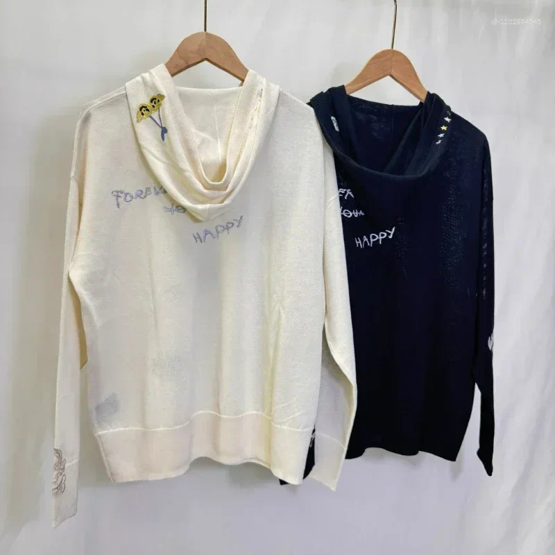 Women's Sweaters 2025 Spring Sweater Women Letter Embroidery Hooded Drawstring Knitted Long-sleeved Pullover