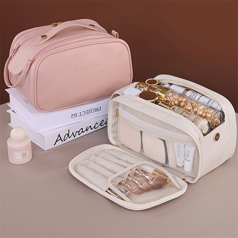 Multifunctional Bag For Women PU Leather Large Capacity Portable Double Zipper Travel Makeup Brush Storage Bag 250731