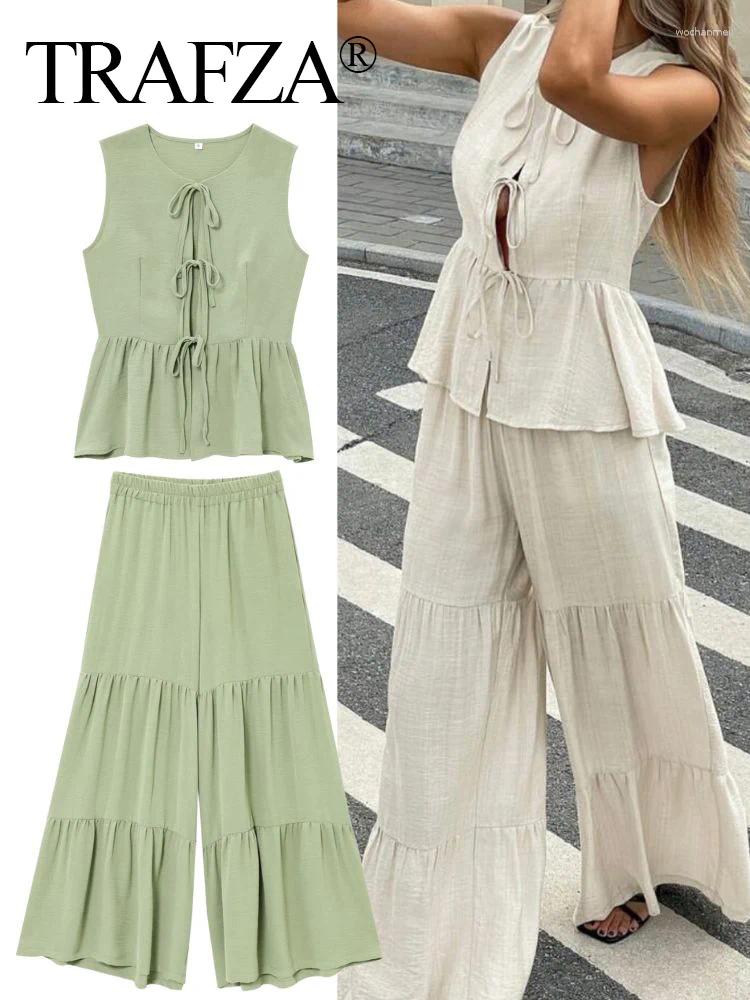 Women's Two Piece Pants TRAFZA Eleagnt Women Solid Vest Sets O-Neck Lace-up Sleeveless Tank Tops Loose Draping Flared Trousers Lady Office