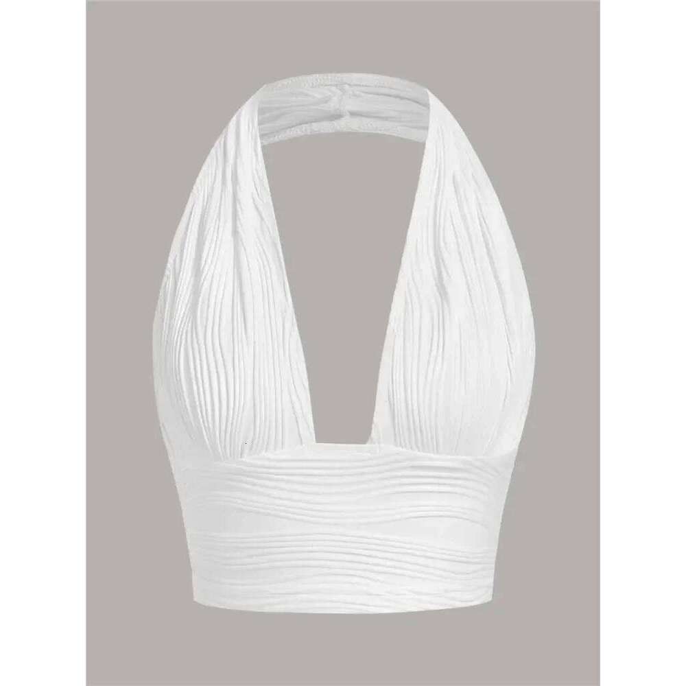 Solid White Crop Halter Women Summer Y2k Club Grunge Clothes Deep V-Neck Backless Sleeveless Tank Top Streetwear