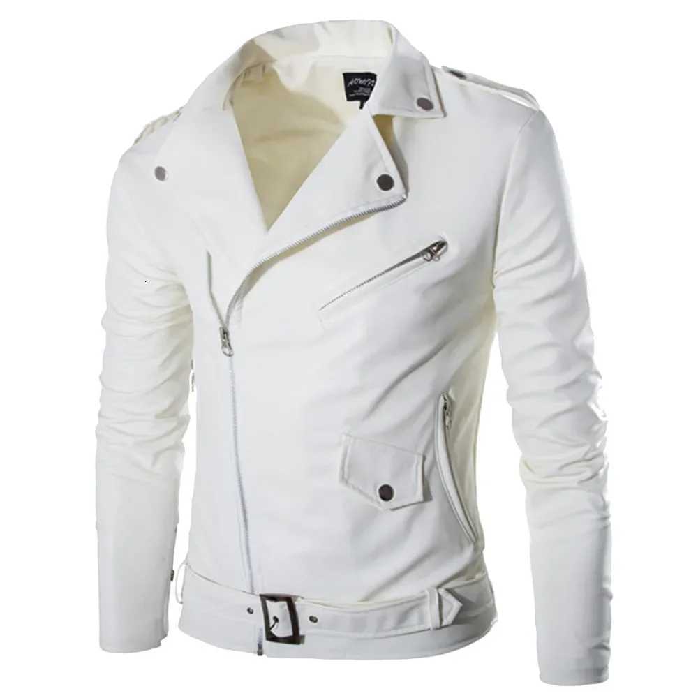 Fashion PU Leather Jacket Men Buckle Zip Lapel Collar Black White Punk Rock Motorcycle Jacket Coats Spring Autumn Outerwear XJ250801
