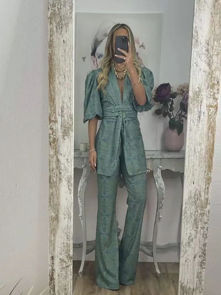 Womens Pant Suit Printed Laple Waist Cinching Lace Up Half Puff Sleeve Top High Pants Female Sets 2025 Summer Streetwear 250724