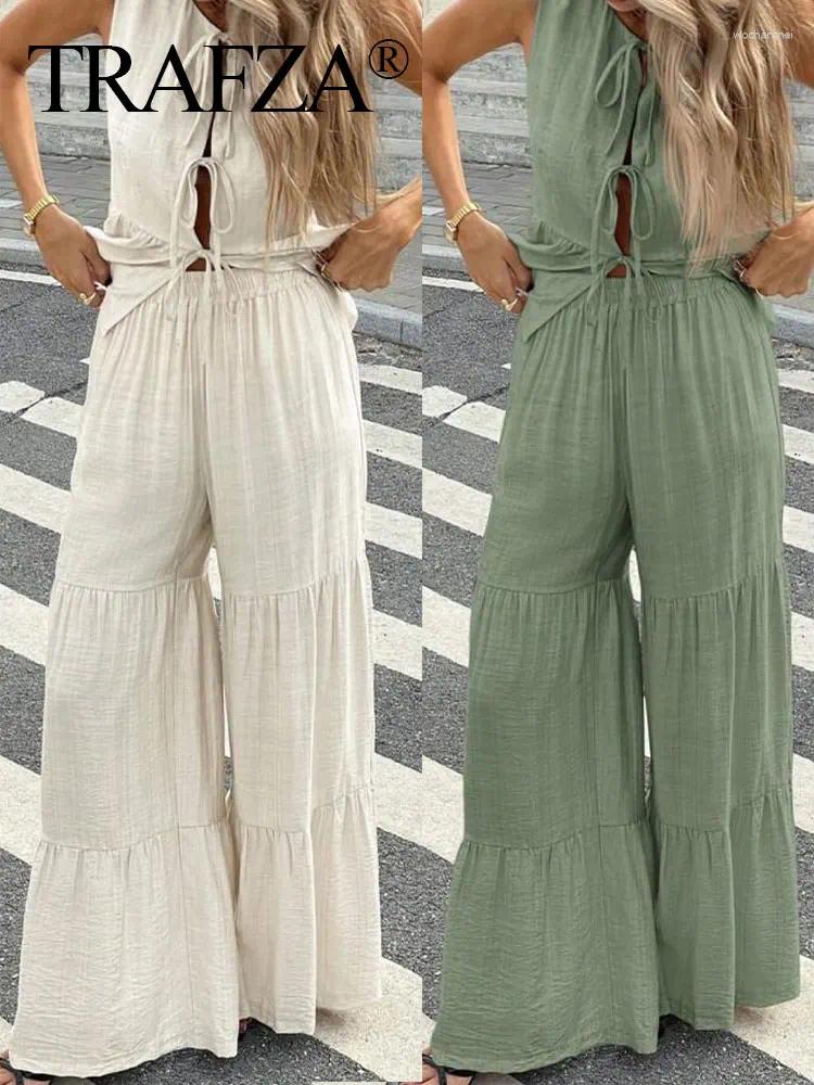 Women's Two Piece Pants TRAFZA Casual 2-piece Trousers Suits Solid O-neck Lace-up Tank Top Elastic Waist Woman Wide Leg Long Pant Sets