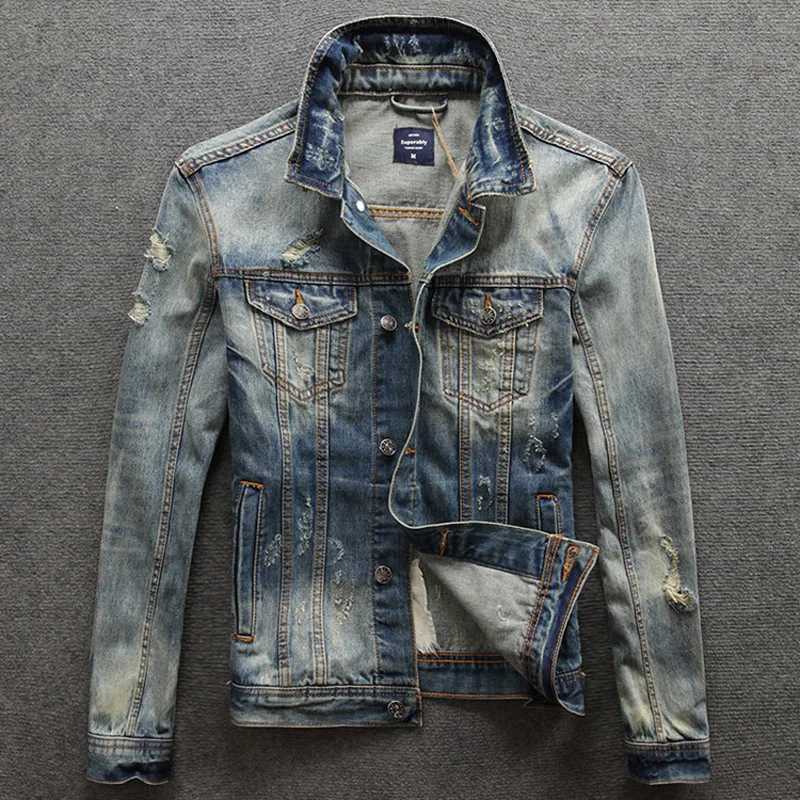 Streetwear Fashion Men Jacket Retro Washed Destroyed Patchwork Designer Ripped Denim Jacket Men Coats Hip Hop Mens Jackets XJ250801