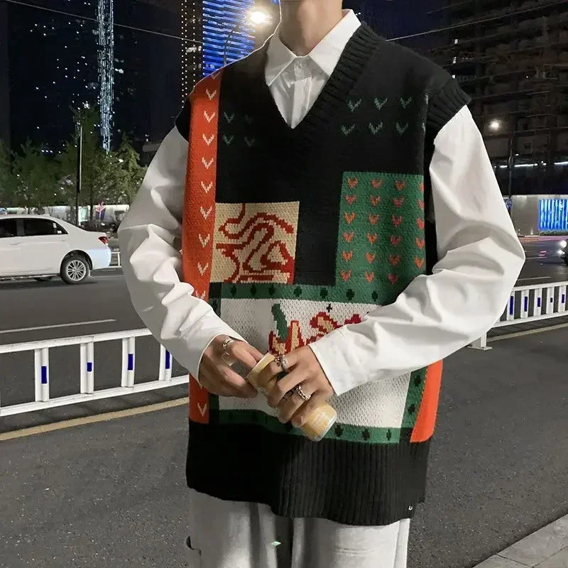 Knit Sweater Male Vest Patchwork Black Cute Sleeveless Mens Clothing Waistcoat Graphic Korean Style Winter 2024 in Fashion 250724