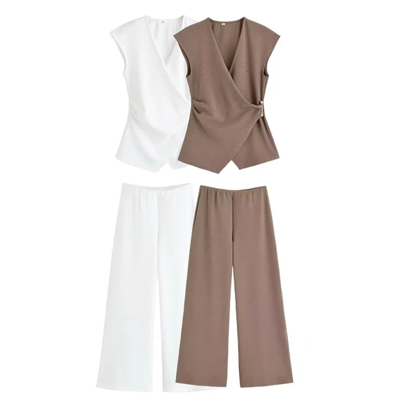 Traf Simple Style Pantalon à jambes larges 2 pièces pour femmes pour femmes à broches de pantalon de gilet
