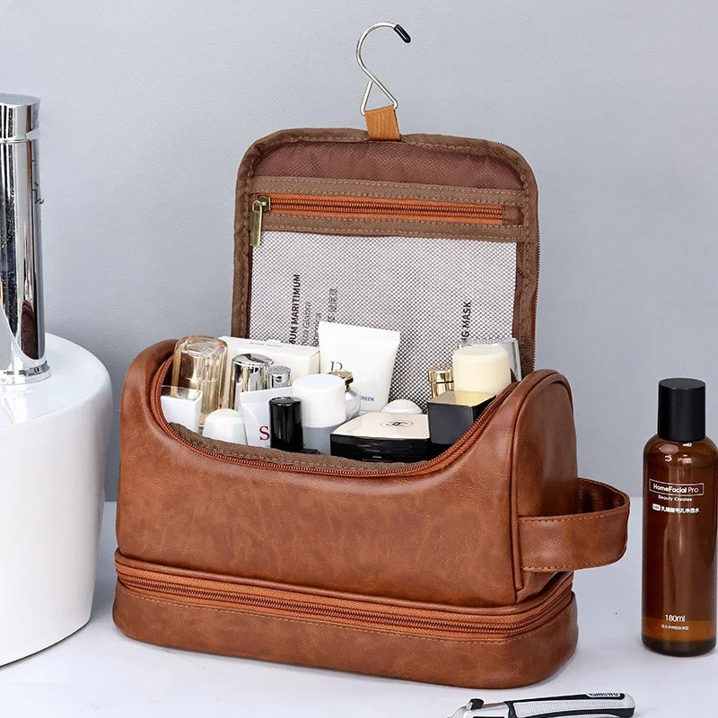 Hanging Makeup Bag Large PU Leather Wash Bag Double layered Mens cosmetic bag travel essentials organizer 250731