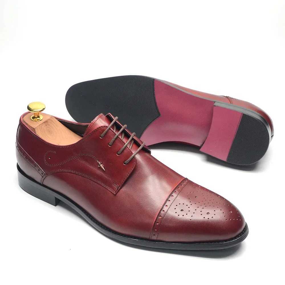 Italian Luxury Mens Formal Derby Shoes Genuine Leather Cap Toe Brogue Burgundy Black Lace-up Business Wedding Dress Shoes XJ250801