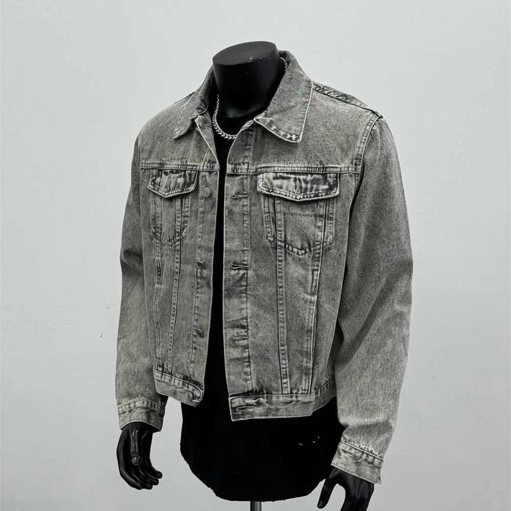 2024 Autumn New American Style Trendy Vintage Washing Distressed Denim Jacket Lapel Cropped Gray For Men Thin Regular Cut XJ250801