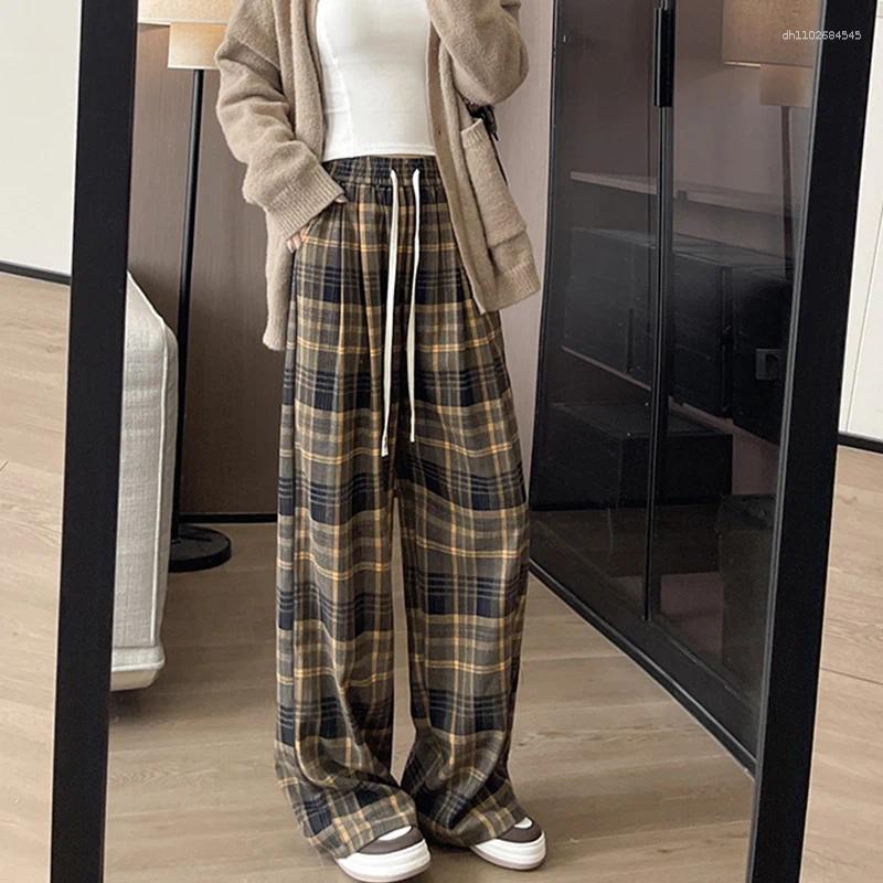 Women's Pants High Waist Plaid Trousers Autumn Winter Korean Retro Straight Loose Fit Trend Drawstring Wide Leg Trouser Mujer