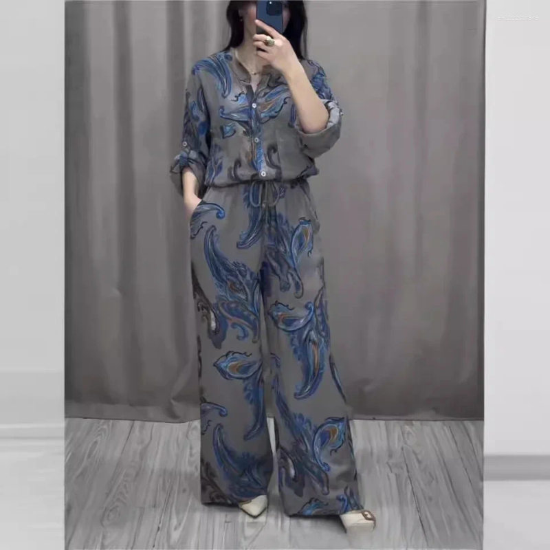 Women's Two Piece Pants Women Casual Outfits Sets Blouse Print Top Single Breasted Pockets Wide Leg Suit Drawstring Trousers Suits
