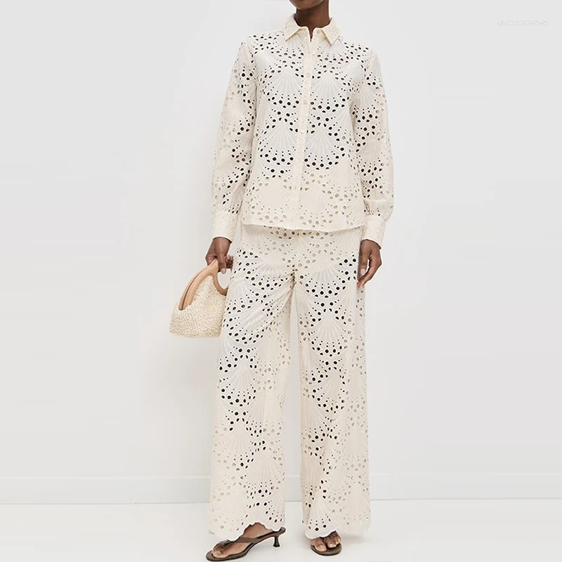 Women's Two Piece Pants Elegant Embroidery Hollow Shirt Lady Outfits Fashion Lapel Button Top With Long Pant Suit Casual Sleeve Solid Loose