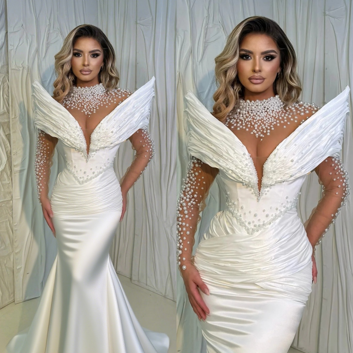 Designer Mermaid Wedding Dress High Collar Long Sleeves Bridal Gowns Pearls Beaded Pleat Sweep Train Dresses Custom Made vestidos de novia