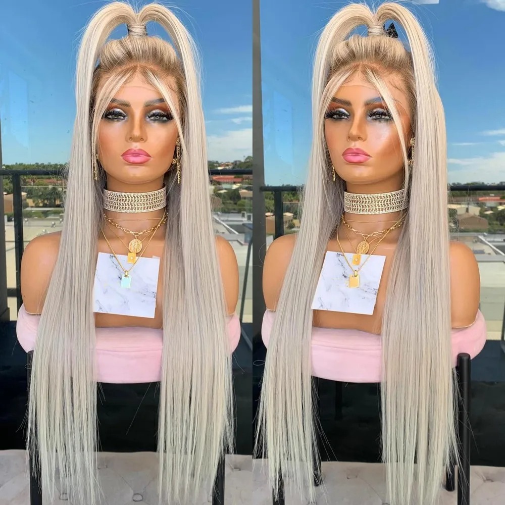 Platinum Ash Blonde Long Straight Lace Front Wig with Brown Roots 13x4 Pre Plucked Heat Resistant Lace Frontal Wigs Daily Use Synthetic