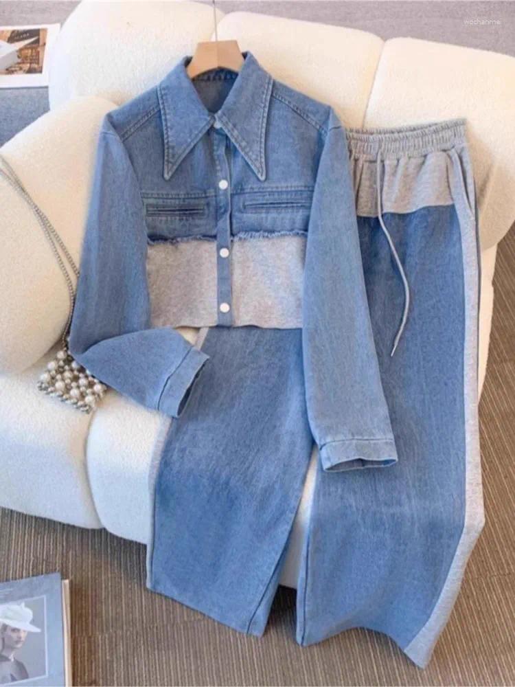 Women's Two Piece Pants Denim Patchwork Sets Women Fashion Long Sleeve Single-breasted Short Jacket Straight Trousers Set Female